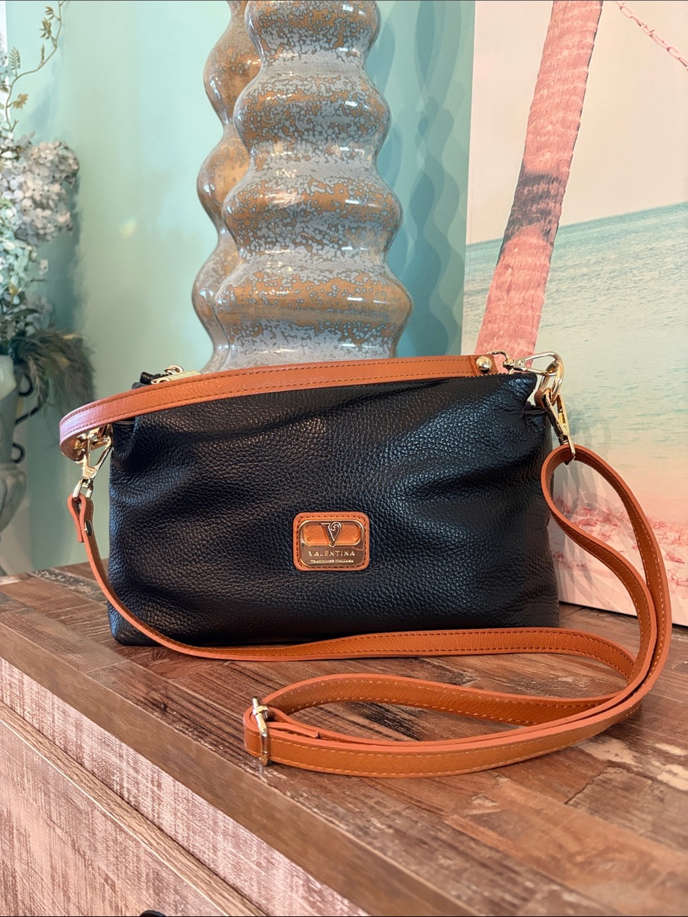 Valentina Black Leather Crossbody with Tan Trim & Strap made in Italy